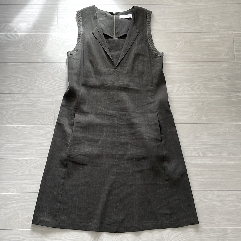 SALE! Tonet of Italy Loden Green Stretch Linen Dress w/ Grey Ribbed Trim